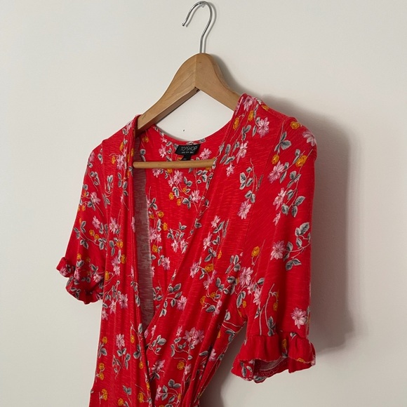 Cute floral Red wrap-around side-tie top shop dress Small - Picture 2 of 4
